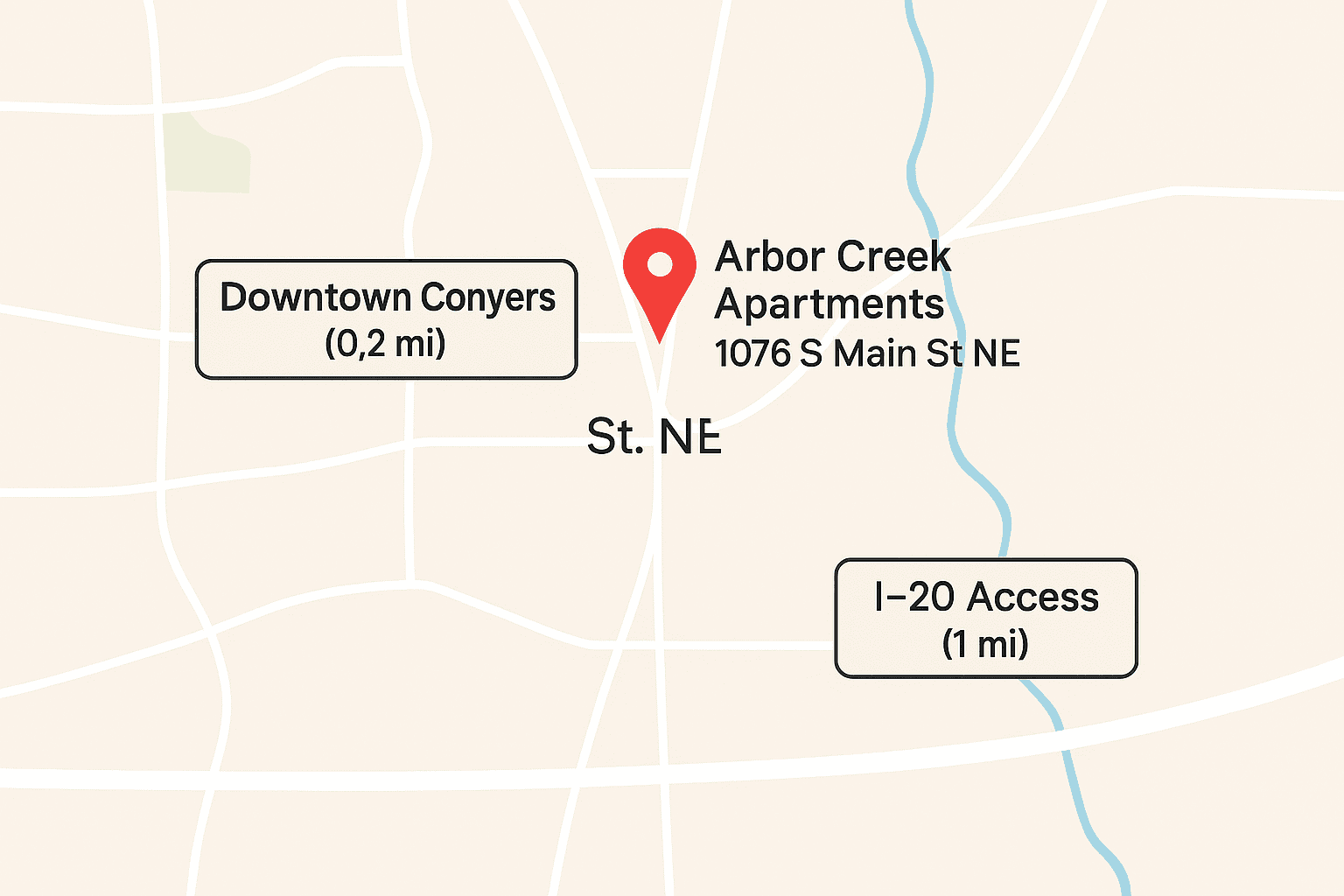 Map showing Arbor Creek Apartments at 1076 S Main St NE in Conyers, GA, near downtown and I‑20