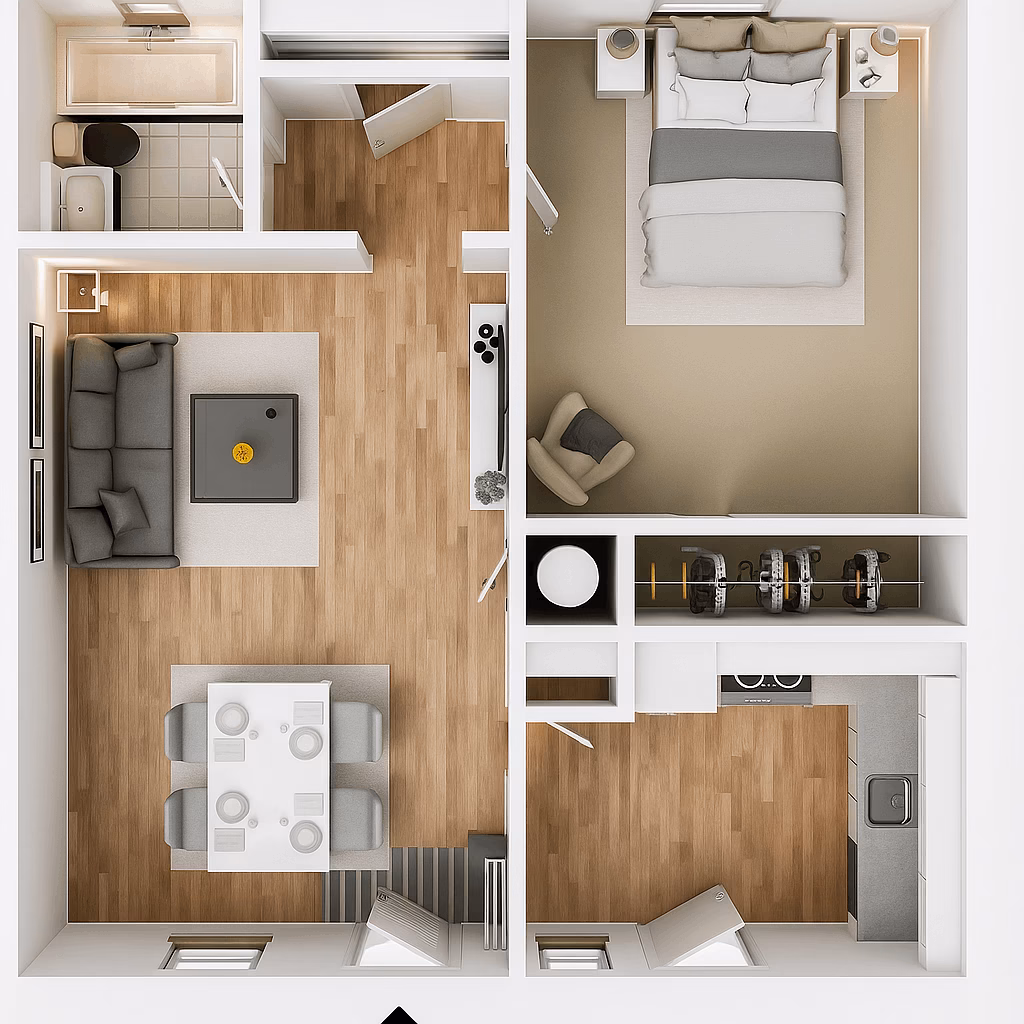 Top-down floor plan of a 1-bedroom apartment with bedroom, bathroom, kitchen, dining area, living room, and storage space.