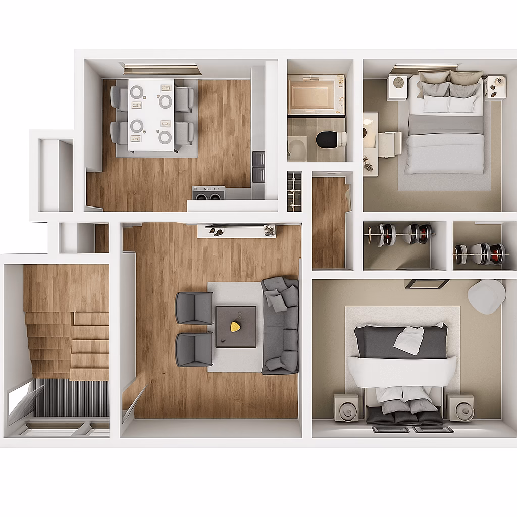 Top-down floor plan of a 2-bedroom apartment with living room, kitchen and dining area, bathroom, storage spaces, and stair access.