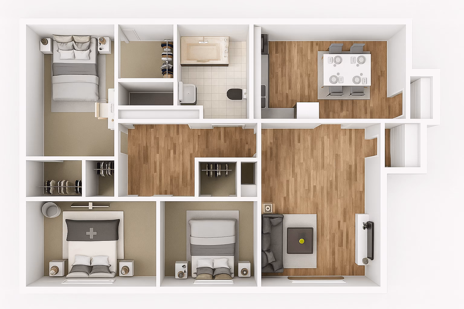 Top-down floor plan of a 3-bedroom apartment with living room, kitchen and dining area, bathroom, closets, and hallway storage.
