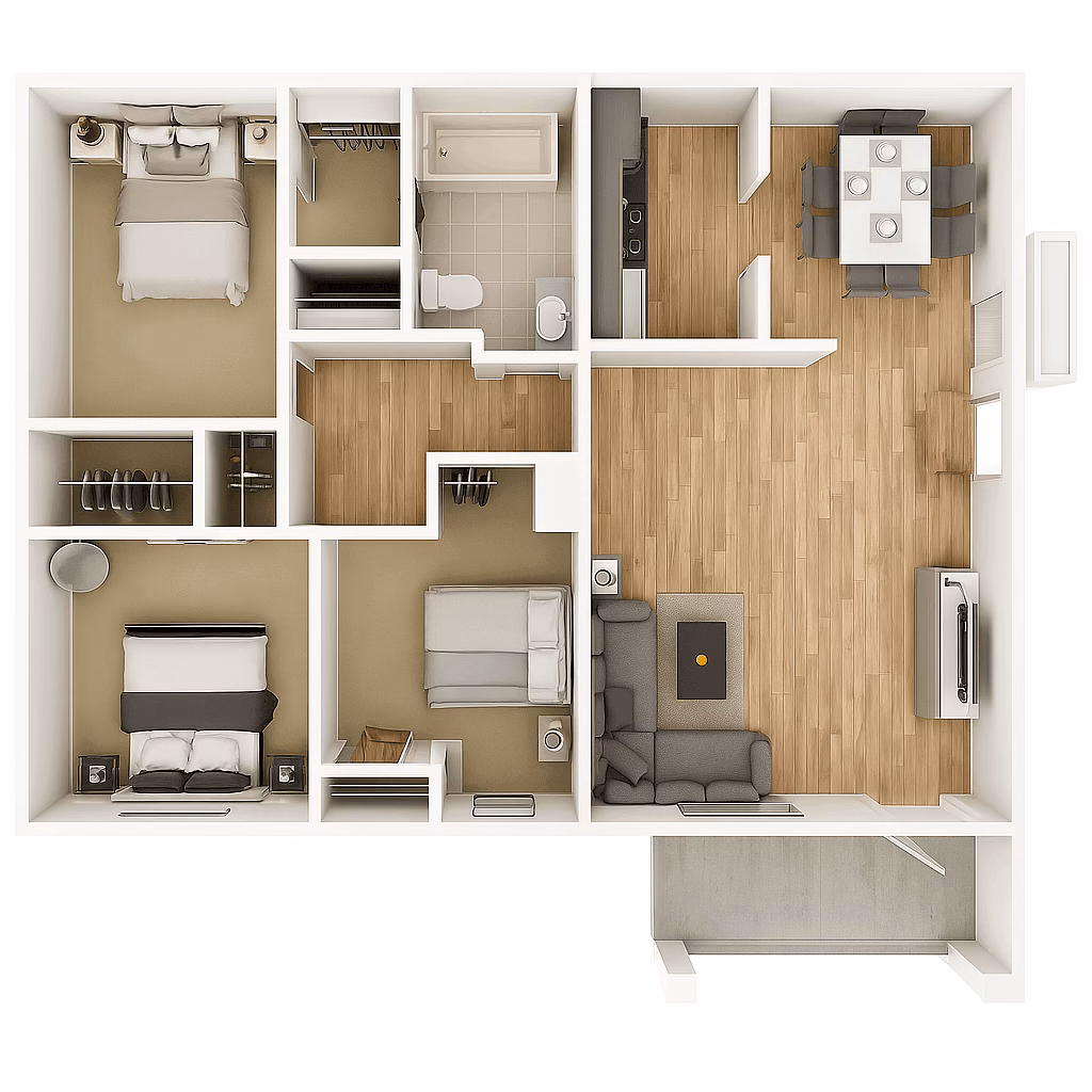 Three-bedroom apartment floor plan with living room, dining area, kitchen, bathroom, and multiple closets